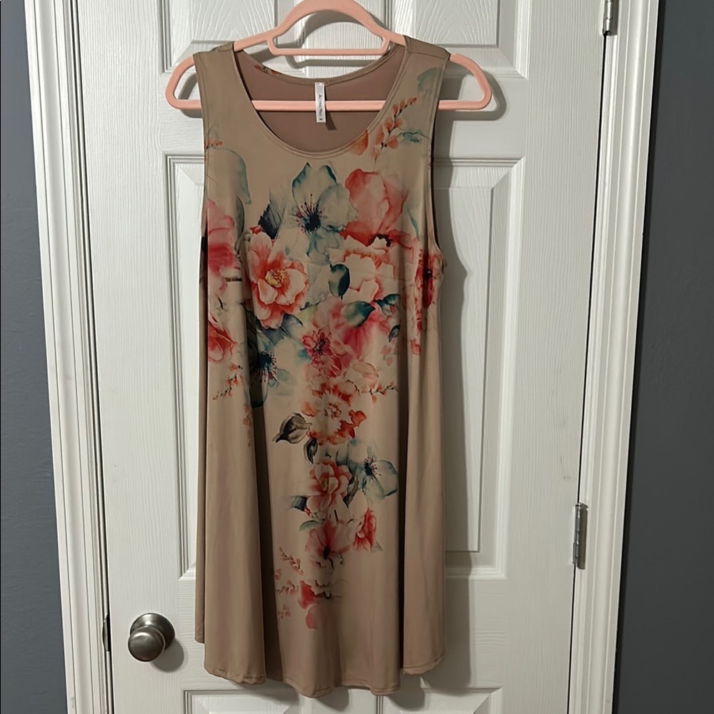 Floral Sleeveless Dress - Tan and Pink artist Watercolor Floral Design Pockets